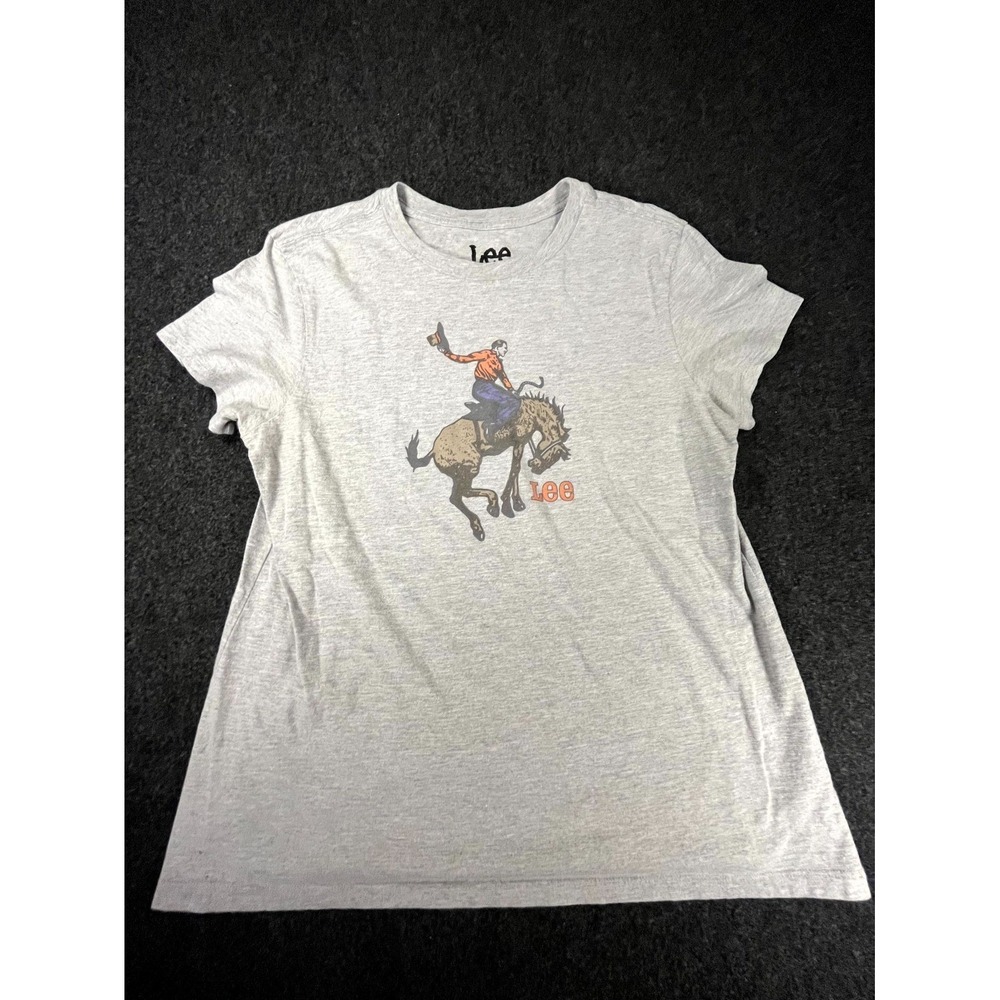 Lee Tee Shirt Women Large Heather Gray Rodeo Graphic Western Cowgirl Bronc Rider